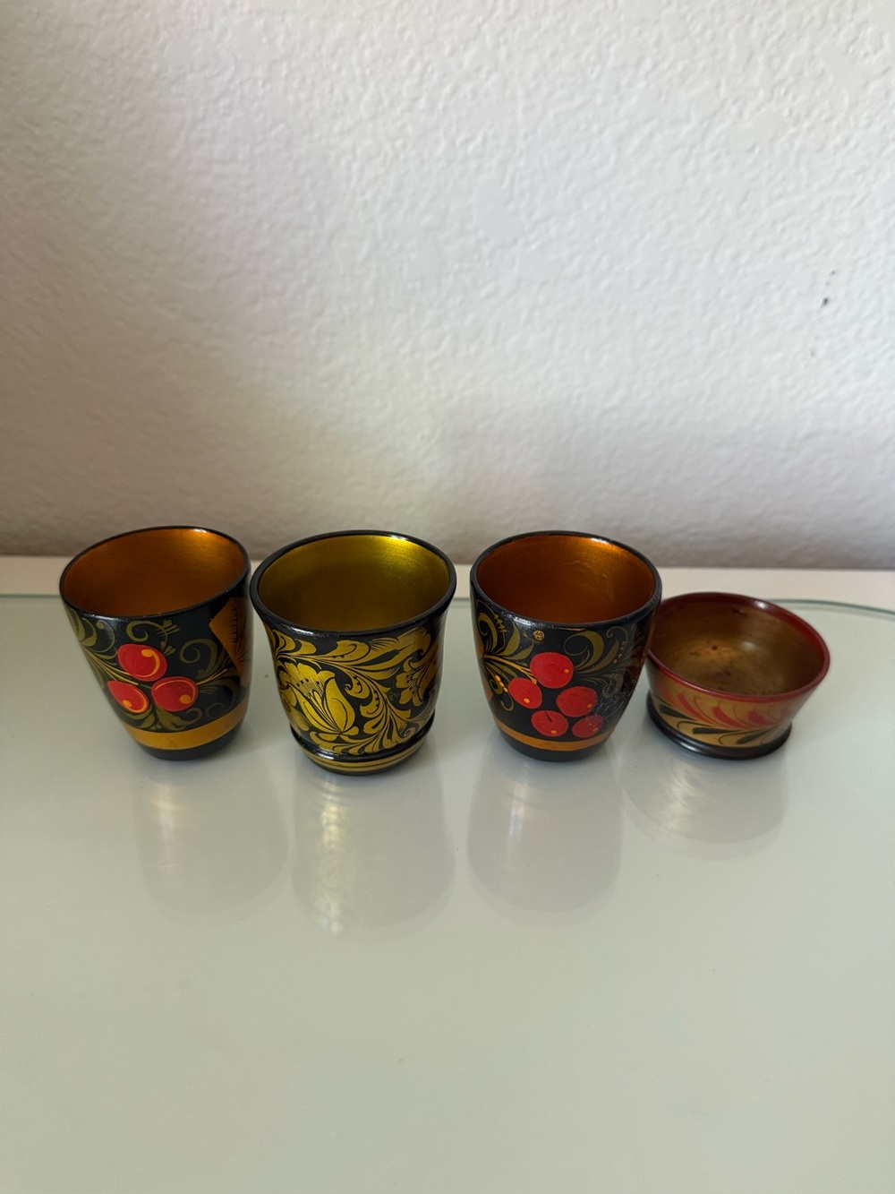 Vintage Black, Gold and Red Hand-Painted Decorative Cups - Set of 4